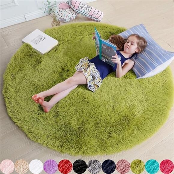 Grass Green Round Rug for Bedroom,Fluffy Circle Rug 4'X4' for Kids Room,Furry - Picture 7 of 7